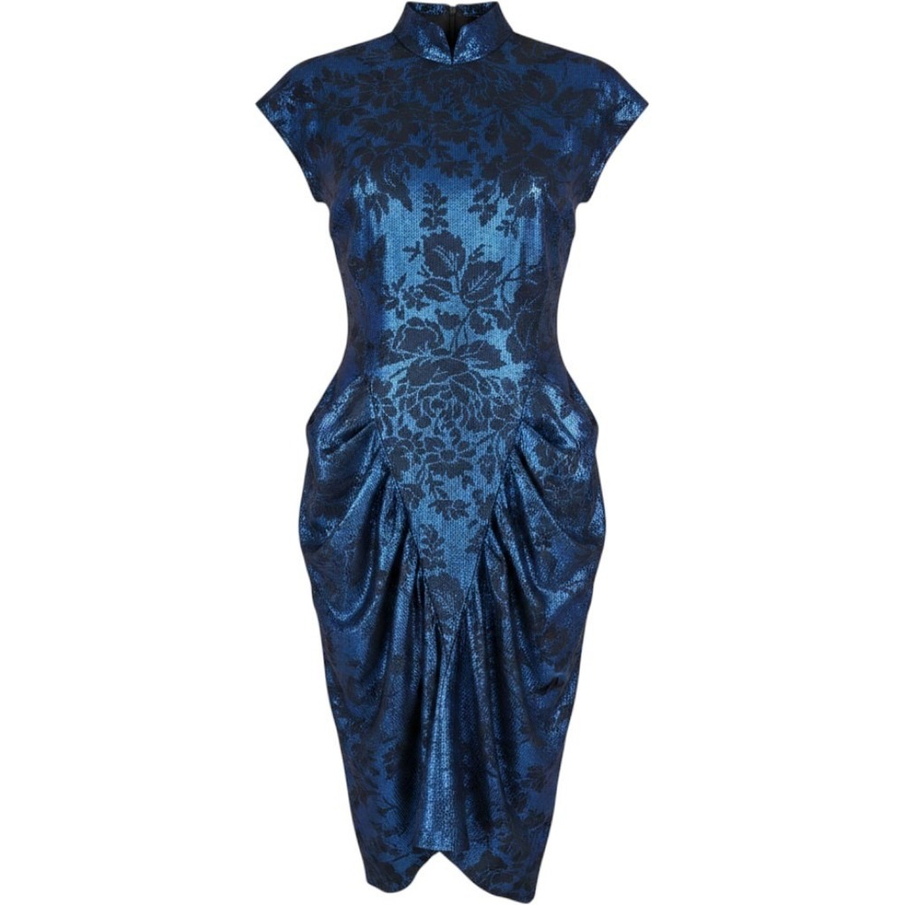 NWT VTG 80s Wayne Diamond Metallic Blue Mock Neck Tulip Midi Dress 5/6